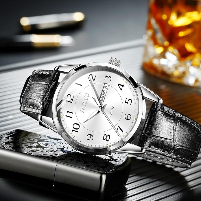 Men's Watch Big Face Easy Read Arabic Numeral Dress Watches for Men Classic Black Brown Leather Band Analog Mens Wrist Watch with Day and Date Fashion Business Waterproof Luminous Quartz Watch