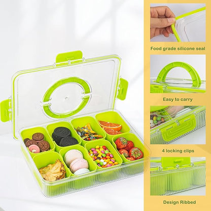 Patent Design Ribbed Snackle Box Container Divided Serving Tray with Lid and Handle -Charcuterie Container Portable Storage Organizer for Candy, Fruit, Beach, Picnics（1 pcs, Green）