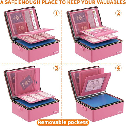 ENGPOW Fireproof Document Box, Hard Case File Box with Fireproof Zipper＆Lock, 6400°F Heat Insulated Fire and Water Resistant File Organizer Storage Safe for Important Documents Laptop Cash, Pink