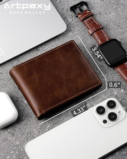 Mens Wallet Bifold Genuine Leather RFID Blocking Wallet for Men with 2 ID Windows 11 Card Holders 2 cash pockets 1 Gift Box