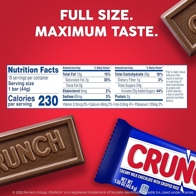 CRUNCH Milk Chocolate and Crisped Rice, Full Size Individually Wrapped Candy Bars, 1.55 oz each (Pack of 2)