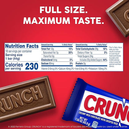 CRUNCH Milk Chocolate and Crisped Rice, Full Size Individually Wrapped Candy Bars, 1.55 oz each (Pack of 2)