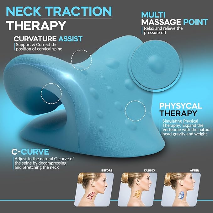 iBWYM Neck Stretcher Cervical Traction Device for Neck and Shoulder Pain Relief, Ergonomic Pillow, Dowager's Hump Corrector, Cervical Spine Alignment, Neck Curve and Posture Corrector (Light Blue)