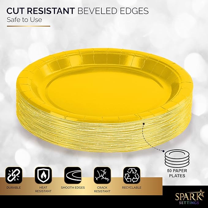 Disposable Paper Plates Yellow, 6 3/4 Inches Paper Dessert Plates, Strong and Sturdy Disposable Plates for Party, Dinner, Holiday, Picnic, or Travel Party Plates, Pack of 50
