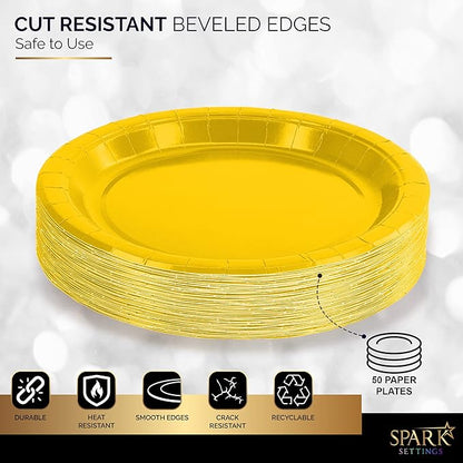 Disposable Paper Plates Yellow, 6 3/4 Inches Paper Dessert Plates, Strong and Sturdy Disposable Plates for Party, Dinner, Holiday, Picnic, or Travel Party Plates, Pack of 50