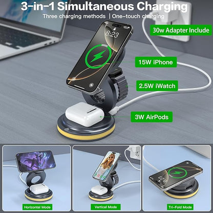 ZealSound 3-in-1 Foldable Magnetic Wireless Charger Stand – 15W Fast Charge with Night Light & Includes 30W Adapter, Portable Charging Pad for iPhone, Apple Watch & AirPods 2/3, Home, Office, Travel