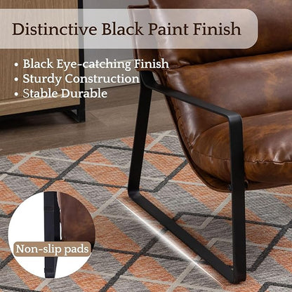LukeAlon Modern PU Leather Accent Armchair, Upholstered Soft Living Room Chair with Black Metal Frame Thickened Cushion Single Sofa Chair Comfy Lounge Chair for Bedroom Living Room, Brown