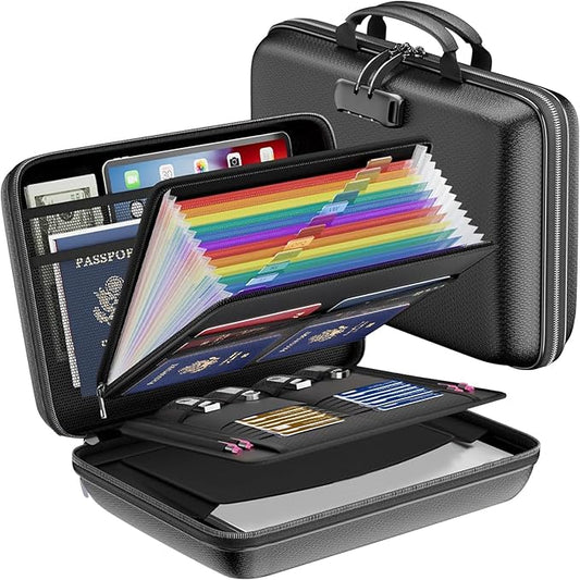 Fireproof Document Organizer Box with Lock, Portable Hard-Shell File Storage Case – 13-Pocket Accordion Folder, Fireproof & Water-Resistant Safe Box for Home, Office & Travel, Black
