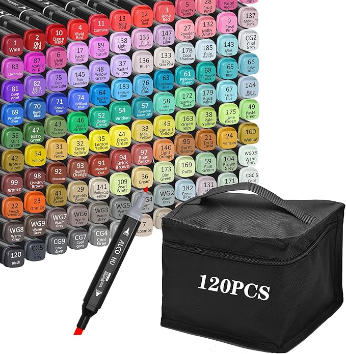 Alcohol Markers Set, 120 Colors Dual Brush Tip Permanent Art Markers for Coloring, Drawing, Sketching, Illustration & Card Making, Art Supplies Gift for Adults, Artists & Kids