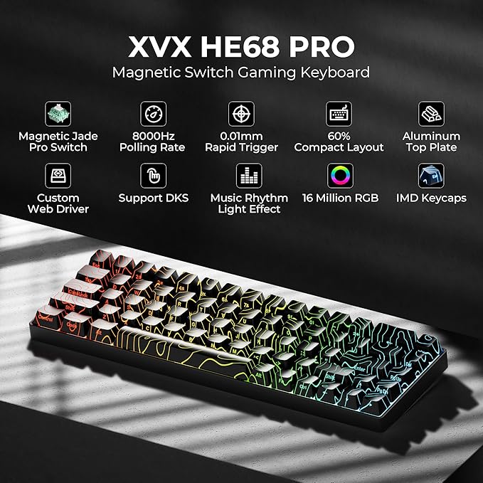 x XVX HE68 Pro Rapid Trigger Keyboard 60% Percent,Hall Effect Keyboard with Gateron Magnetic Jade Pro Switch,CNC Aluminum Frame Topographic Custom Mechanical Key Board for PC/Laptop/Xbox/PS4/PS5,Black