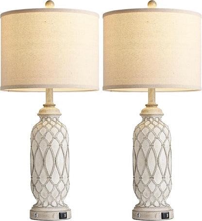 Farmhouse Table Lamps for Bedroom Set of 2, 28" Rustic Bedside Lamp with USB Ports, 3-Way Dimmable Nightstand Table Lamp for Living Room with Linen Drum Shade (Bulbs Included)
