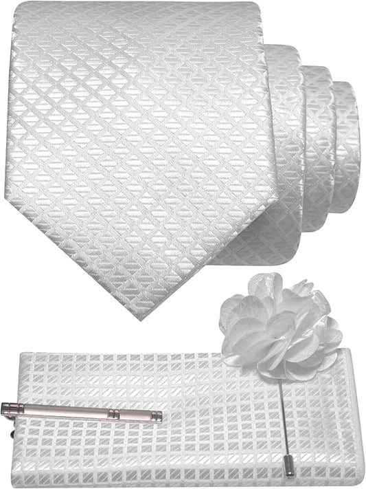JEMYGINS Mens Solid Color Plaid Tie and Lapel Pin Necktie Pocket Square and Tie Clip with Sets for Business Casual 4PCS