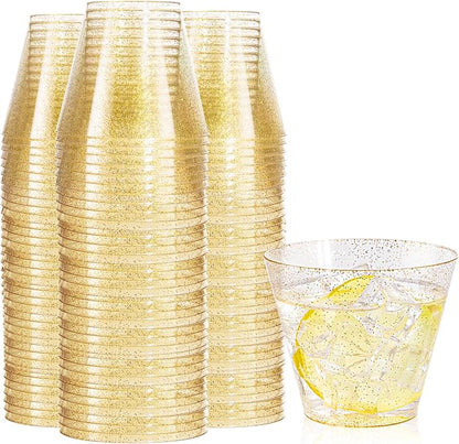 Nervure 120PCS Gold Glitter Plastic Cups - 9oz Heavy Duty Plastic Cups - Gold Disposable Cups for Wedding, Thanksgiving, Birthday, Halloween & Christmas Party
