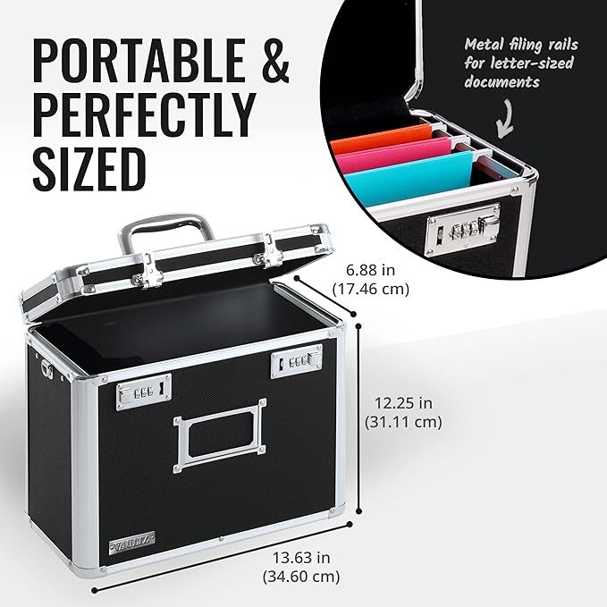 Vaultz File Organizer Storage Box - 14 x 7 x 12.19 Inch Letter Size, Portable Locking Storage Totes with Dual Combination Locks for Filing Office Documents - Black