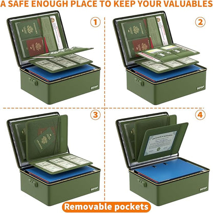 ENGPOW Fireproof Document Box, Hard Fireproof Box with Fireproof Zipper＆Lock, 6400°F Heat Insulated Fireproof Water Resistant File Organizer Storage Box Safe for Important Documents,Valuable,Green