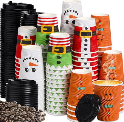 Foaincore 100 Sets Christmas Disposable Coffee Cups 12 oz Insulated Ripple Wall Paper Cup with Lid, Xmas Disposable Coffee Espresso Cups Tea Cups for Cold Hot Liquids Drinking Party Supplies (Cute)
