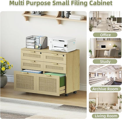 HOPUBUY 3 Drawer File Cabinet with Lock, Rattan File Cabinets with Wheels, Small Filing Cabinet for Hanging A4/Letter/Legal/F4, Rolling Wood Filing Cabinets for Under Desk Home Office, Oak
