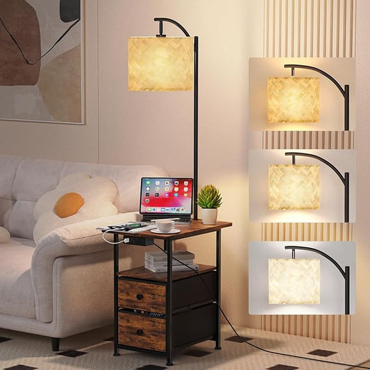 JACKYLED Floor Lamp with Table & 2 Drawers, 3 Color Temperature End Table Flood Lamps with Charging Station (USB, Type-C, AC), Vintage Side Table with Lamp for Reading, Bedroom, Living Room