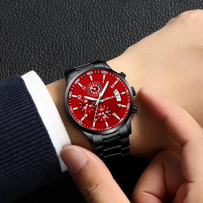 CRRJU Men's Fashion Stainless Steel Watches Date Waterproof Chronograph Wristwatches,Black Steel Band Waterproof Quartz Watch for Men