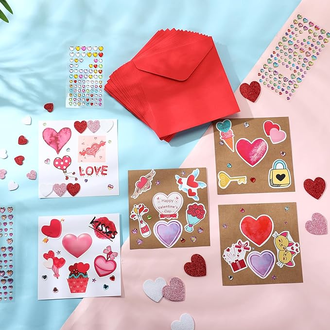 Zonon Valentine's Day DIY Card Making Kit Include Greeting Cards and Envelopes Heart Foam Stickers Diamond Stickers Valentine Party Favors Classroom Exchange Gifts(64 Pack)