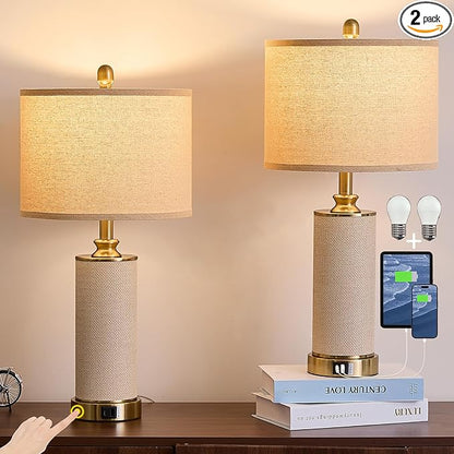 Gold Boho Farmhouse Rattan Table Lamps set of 2, Touch Control desk Lamps, 3 Way Dimmable Grass Rope Large BedsideTable Lamp with Usb A+C for Living Room/Bedroom/Office(2 LED Bulbs Included)