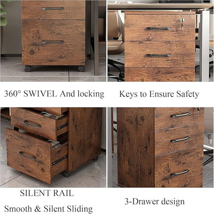 File Cabinet 3 Drawers with 1 Lock Wooden Rolling Mobile Filing Cabinet with Wheels for Home Office Under Desk File Cabinet Office Storage Cabinet, Brown