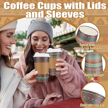50 Set Vintage Christmas Disposable Coffee Cups with Lids and Sleeves Bulk 16 oz Paper Cups for Cold Drinks Hot Chocolate Tea Beverage Christmas Party Winter Supplies