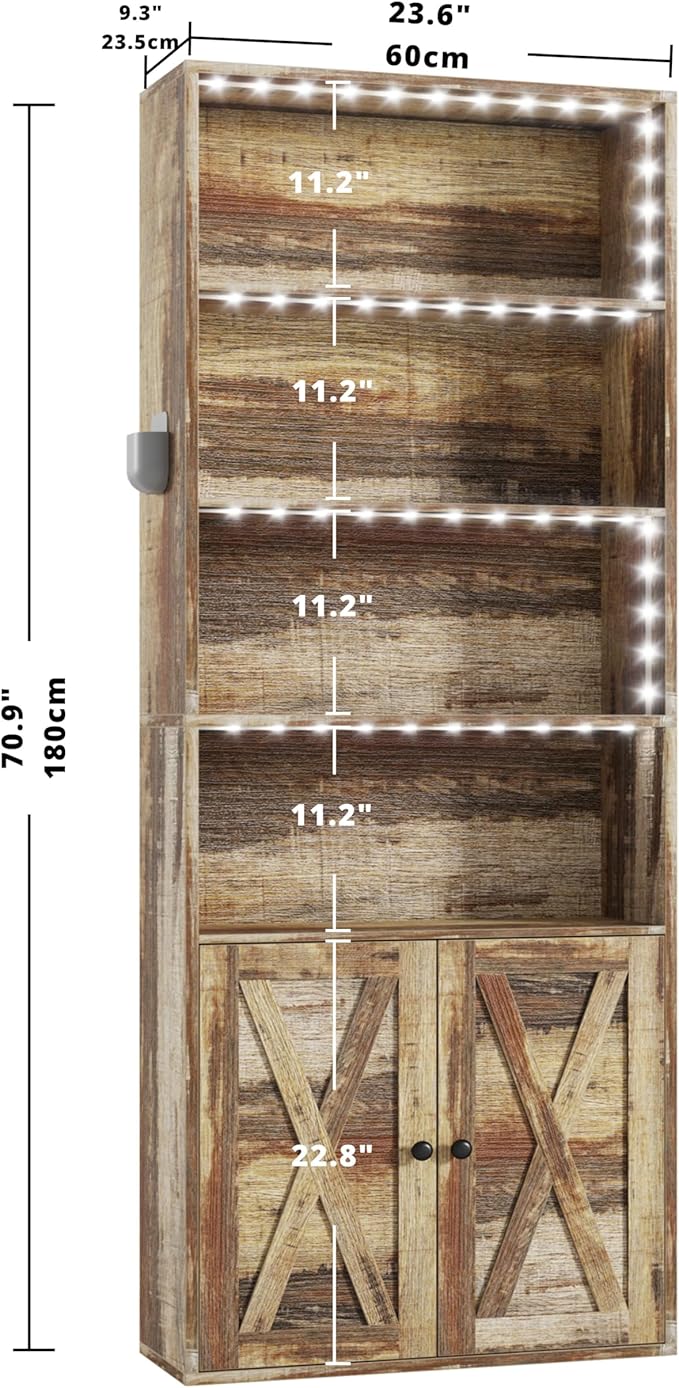 IRONCK Tall Bookcase with LED Lights, 70 in Industrial Bookshelves and Bookcases with Doors, 6 Shelf Display Storage Shelves Floor Standing for Home Office, Living Room, Bedroom