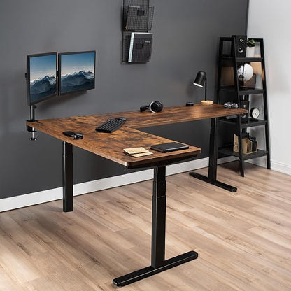 VIVO Electric Height Adjustable 83 x 60 inch Corner Stand Up Desk, 2 Rustic Vintage Brown Solid Table Tops, Black Frame, Memory Controller, L-Shaped Workstation, 3E Series, DESK-KIT-3E8N