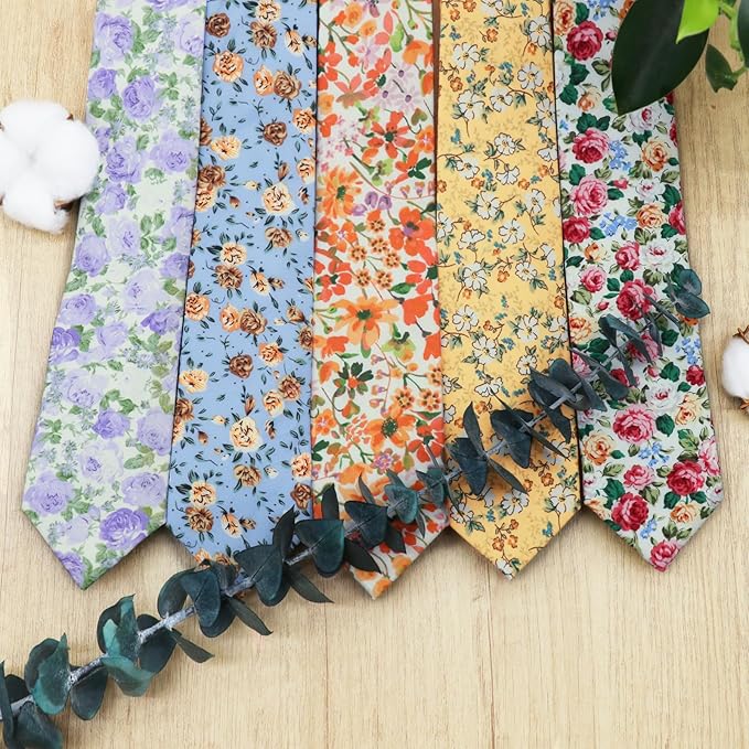 Cotton Floral Ties for Men 2.76" Men's Skinny Tie Linen Flower Printed Neck Tie for Wedding Dating Party