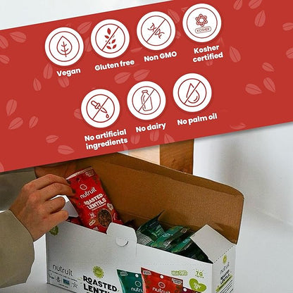 Nutruit Roasted Lentil Snacks - Tasty Snack Box with Vegan, Gluten Free, Non-GMO, High Protein, Low Calorie, Healthy On-The-Go Low Calorie Lentils Snacks - 1.2oz Packs (20-Pack Variety Box)