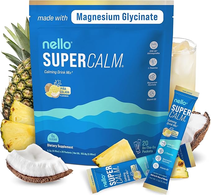 Nello Supercalm Powdered Drink Mix, Cortisol Reducer* and Sleep Aid Supplement, L Theanine, Ksm-66 Ashwagandha, Magnesium Glycinate, Vitamin D 3, No Sugar, Non GMO, On The Go, 20 Ct, Pina Colada