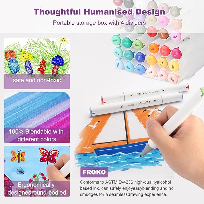 FROKO Alcohol Markers, 36 Colors Dual Tip Art Markers with Carrying Case, Drawing Marker, Coloring Marker for Kids Sketching Adult Coloring