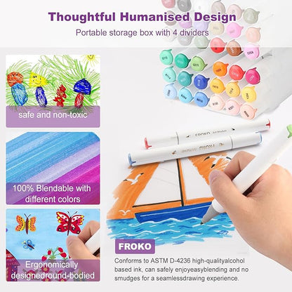 FROKO Alcohol Markers, 36 Colors Dual Tip Art Markers with Carrying Case, Drawing Marker, Coloring Marker for Kids Sketching Adult Coloring