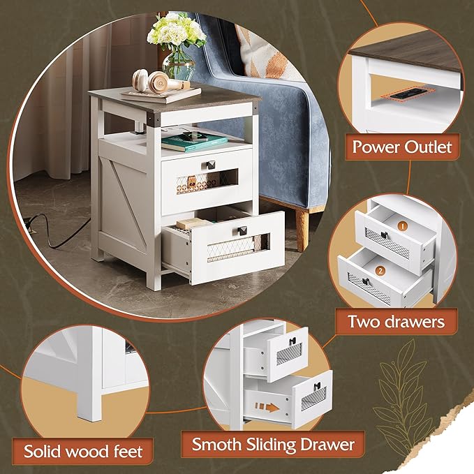 WLIVE Nightstand with Charging Station, Farmhouse End Table, Bed Side Table with 2 Storage Drawers and Open Shelf, Wood Rustic Nightstands for Bedroom, Living Room, White