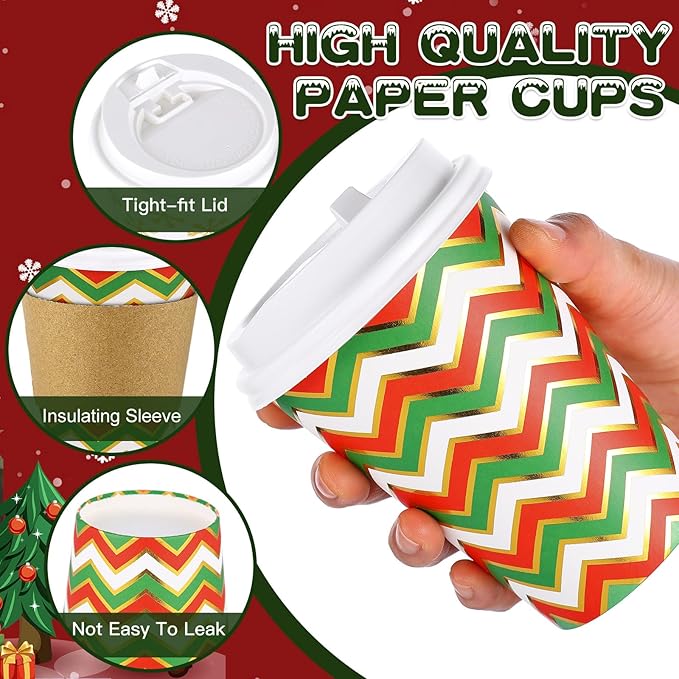 300 Pcs/100 Sets Christmas Coffee Cups with Lids and Sleeves 12 oz Disposable Christmas Paper Cups Party Drinking Cups for Hot and Cold Drinks Chocolate Coffee Tea Beverage Bar Supplies (Shiny)