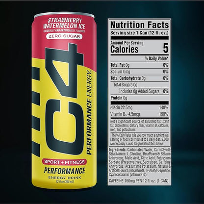Cellucor C4 Energy Drink 12oz (Pack of 12) - Strawberry Watermelon Ice - Sugar Free Pre Workout Performance Drink with No Artificial Colors or Dyes