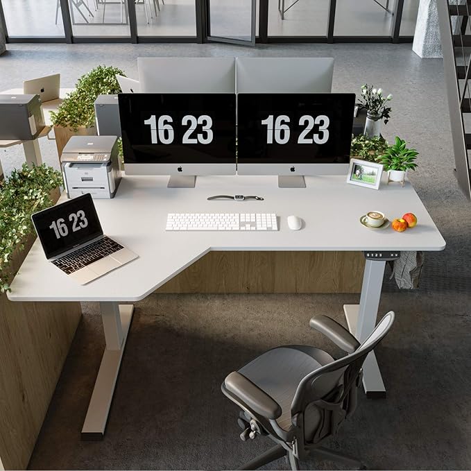 FEZIBO 55×32 inch L Shaped Electric Corner Standing Desk, 4 Memory Height Settings,Home Office & Computer Height Adjustable Table, Ergonomic Sit and Stand Up Workstation with Splice Board,White Top