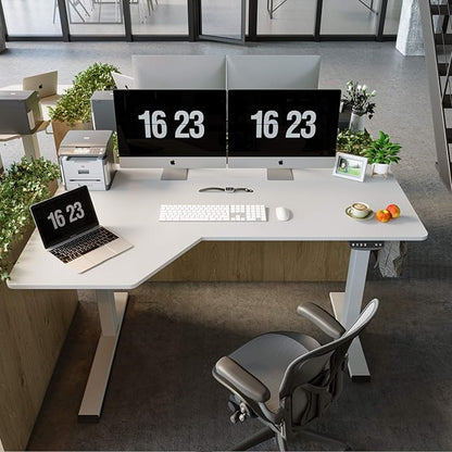 FEZIBO 55×32 inch L Shaped Electric Corner Standing Desk, 4 Memory Height Settings,Home Office & Computer Height Adjustable Table, Ergonomic Sit and Stand Up Workstation with Splice Board,White Top