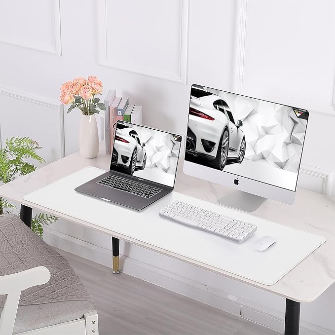 AFIING Leather Desk pad Protector, Large Non-Slip Office Desk Mat with Natural Cork & PU Leather, Waterproof Writing Mouse Pad for Office and Home (55in*17in,White)