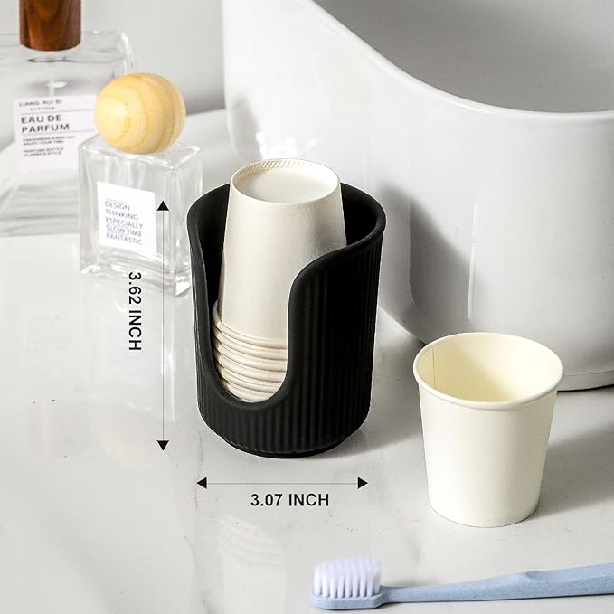 Ceramic Bathroom Cup Dispenser with Stylish Vertical Stripes - Disposable Mouthwash Cup Holder Holds 3-4oz Paper Cups for Rinsing Cups on Bathroom Vanity Countertops (Matte Black)