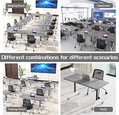 Conference Table,Folding Conference Table with Silent Wheels,Rectangular Business Conference Room Table,for Reception Offices Classrooms Meeting Training Room (4, Grey, 70.8in)