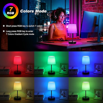 Ascher Small Bedside Table lamp, RGB Color Changing Lamps, 3 Color Temperatures, Dimmable Nightstand Lamp with USB C+A Ports, Touch Desk Lamp for Bedroom Living Room, H11.4in(Cream Shade)