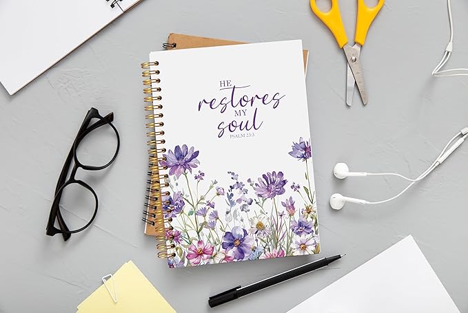 Christian Notebook for Women, Christian Art Gifts Journal, Prayer Journal for Women, Bible Journaling Notebook, PSALM 23:3 He Restores My Soul Floral Spiral Notebook 5.5x8.3