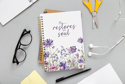 Christian Notebook for Women, Christian Art Gifts Journal, Prayer Journal for Women, Bible Journaling Notebook, PSALM 23:3 He Restores My Soul Floral Spiral Notebook 5.5x8.3