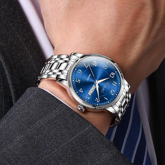 Stainless Steel Mens Watches with Day Date Quartz Analog Large Face Classic Watch Arabic Numerals Dress Luminous Rlojes para Hombres
