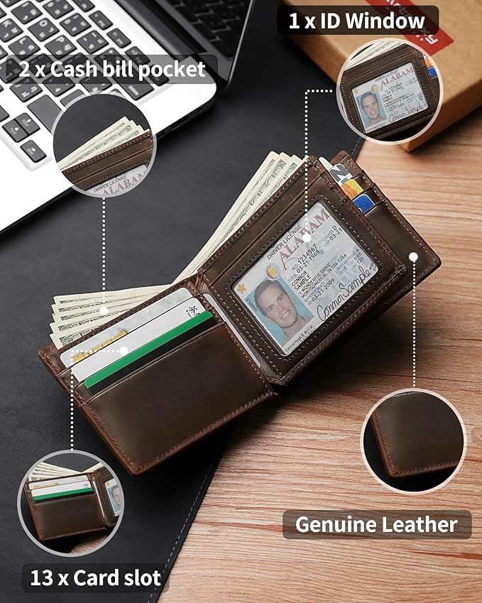 Mens Wallet Bifold Genuine Leather RFID Blocking Wallet for Men with 1 ID Window 13 Card Holders 2 cash pockets 1 Gift Box