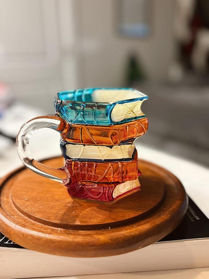 Chapter Book Mug Glass 3D Book Mugs Birthday Gift For Women Stained Glass Cups with Stack Design, Artistic Reading Coffee Cup, Unique Literary Friendship Gifts for Women, Friends & Readers