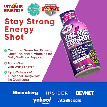 Vitamin Energy Immune+ Extra Strength Energy Shot Grape 8 Pack, 260mg Natural Caffeine, B-Vitamins, Citicoline, Green Tea, Immunity & Focus Support, Zero Sugar, Gluten-Free 1.93 fl oz