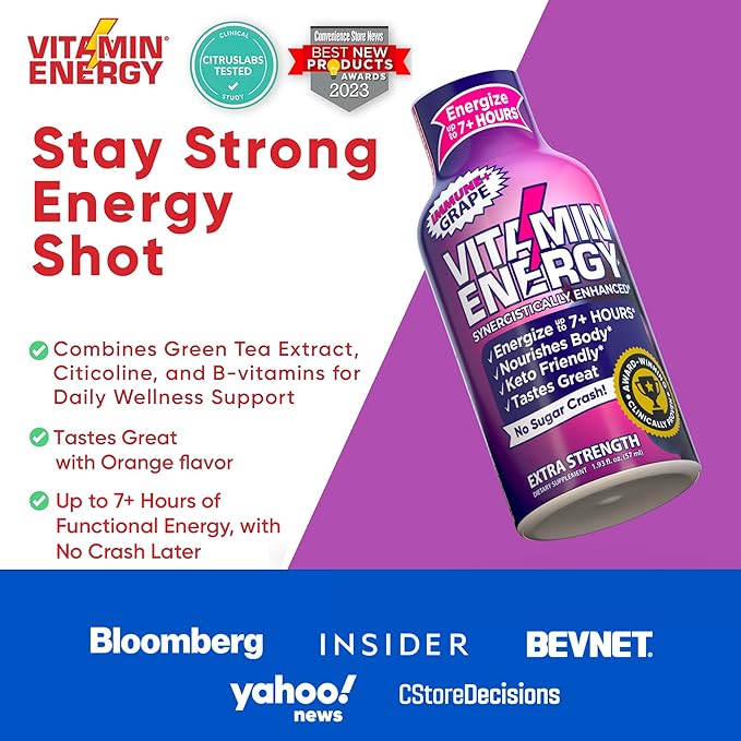 Vitamin Energy Immune+ Extra Strength Energy Shot Grape 10 Pack, 260mg Natural Caffeine, B-Vitamins, Citicoline, Green Tea, Immunity & Focus Support, Zero Sugar, Gluten-Free 1.93 fl oz